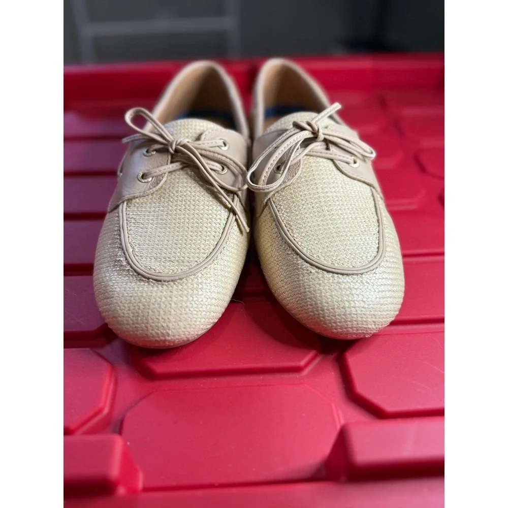 Sperry Slimboat Beige Raffia Leather Trim Boat Shoes Womens 8.5 Coastal Preppy